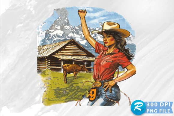 Cowgirl in Cows and Mountains Clipart Review